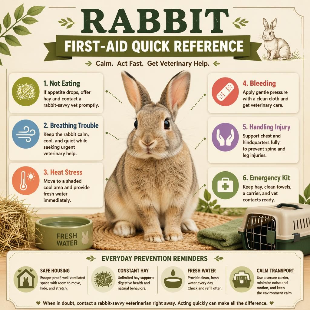 Editorial rabbit first-aid infographic with a centered healthy rabbit, 6 emergency callouts, icons, and a prevention footer.