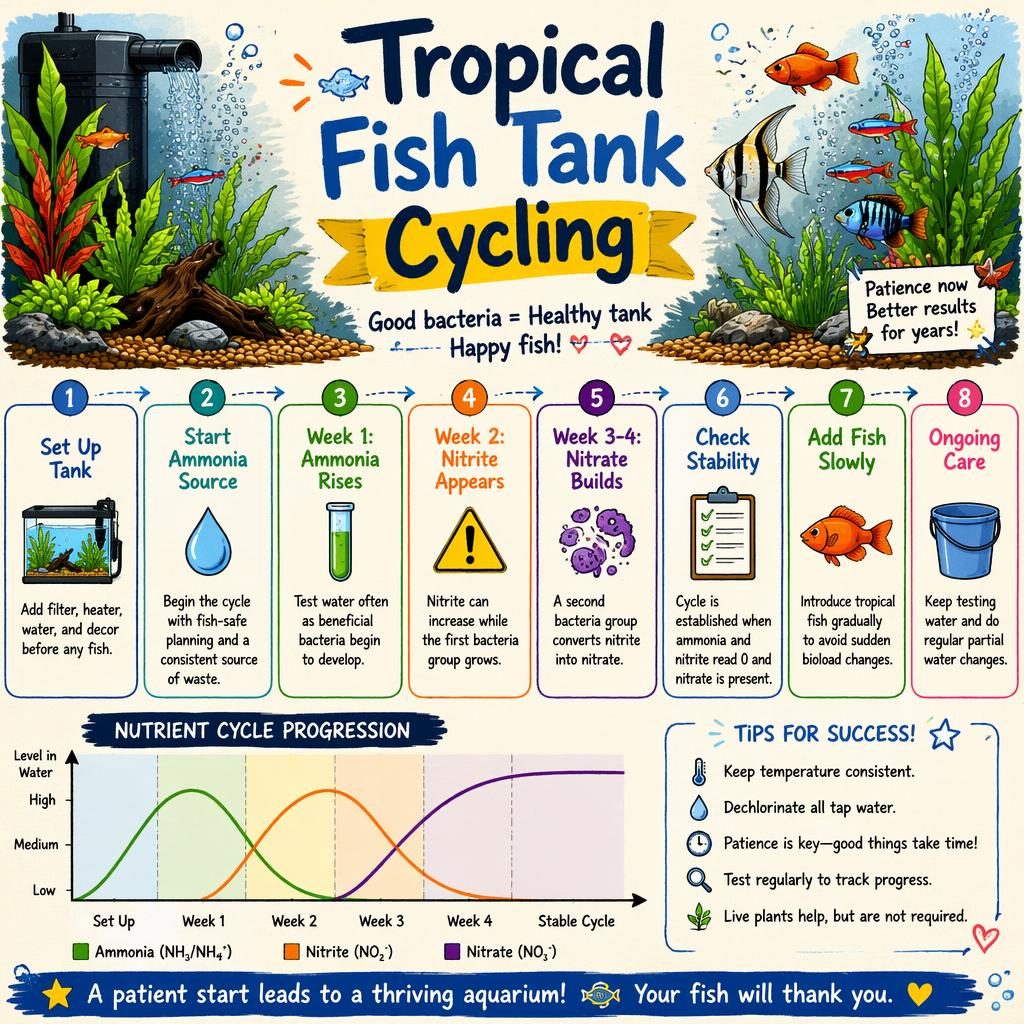 Sketchnote pet care infographic of a tropical fish tank cycling timeline with 8 callouts, fish, plants, filter, bubbles, and legend.