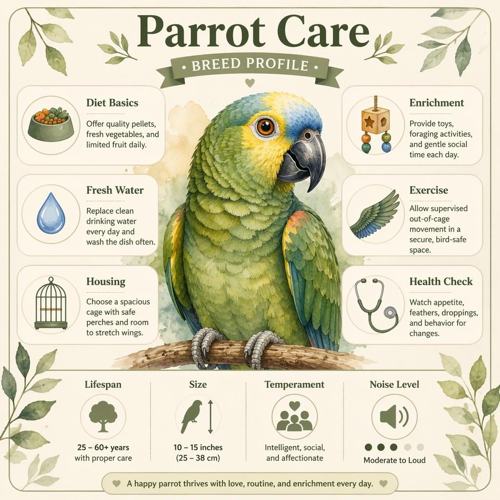 Pet care infographic card with a watercolor parrot portrait and six care callouts with icons in a muted earth palette.