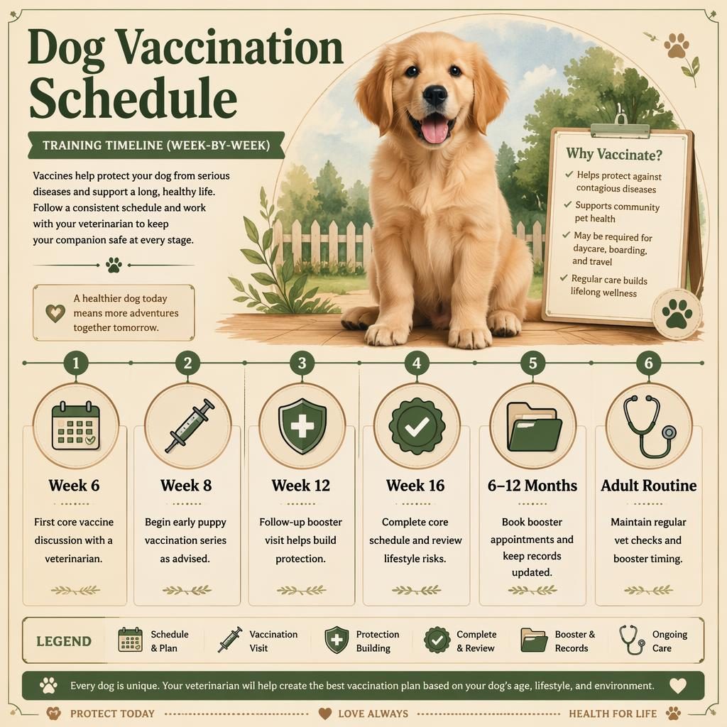 Vintage-style pet care infographic with an ornamental aquarium fish, horizontal vaccine timeline, and 6 English callouts.