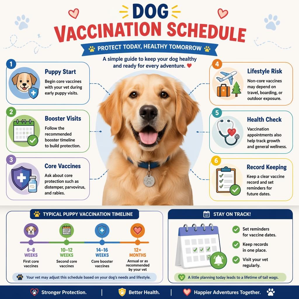 Editorial dog vaccination schedule infographic with a centered friendly dog, 6 labeled callouts, and small timeline panels.