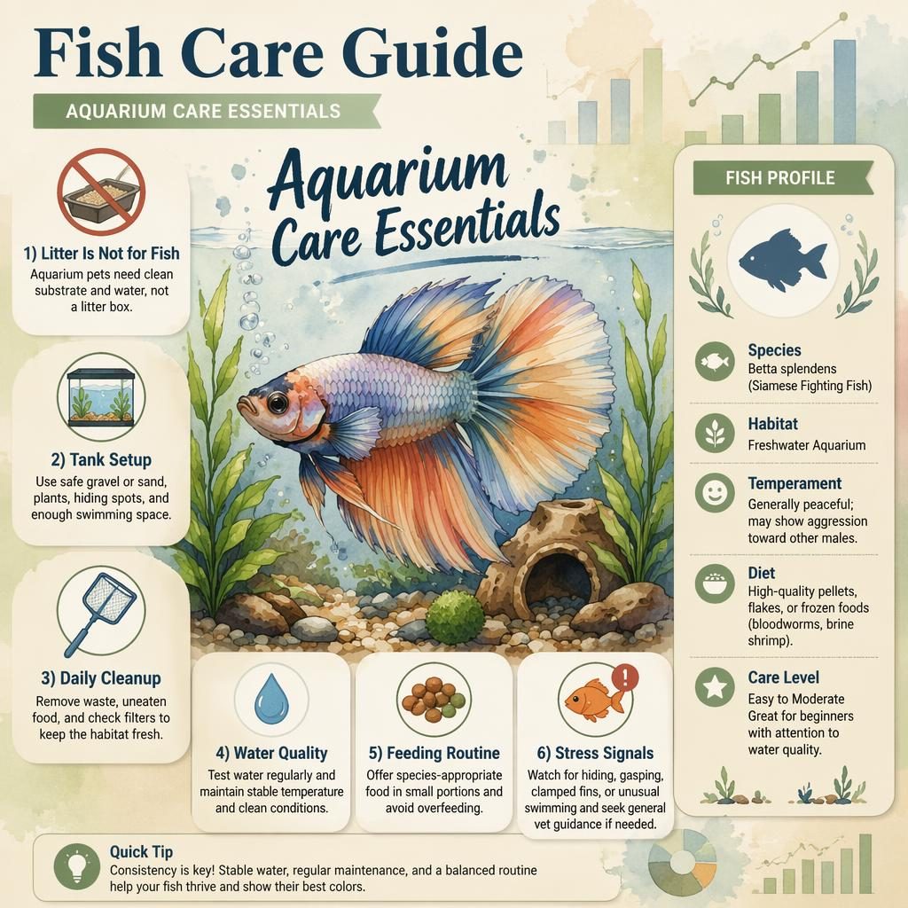 Watercolor fish care infographic with aquarium fish portrait, 6 callouts, tank icons, and profile sidebar in English.