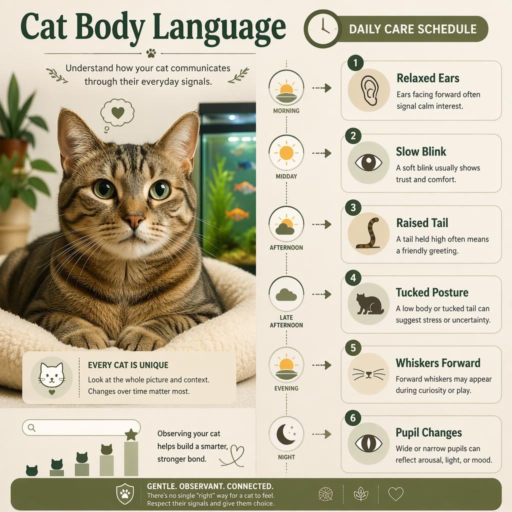 Infografika s portrétem domácí kočky, 6 popisky řeči těla, ikonami, časovou osou dne a jemnými akvarijními prvky.