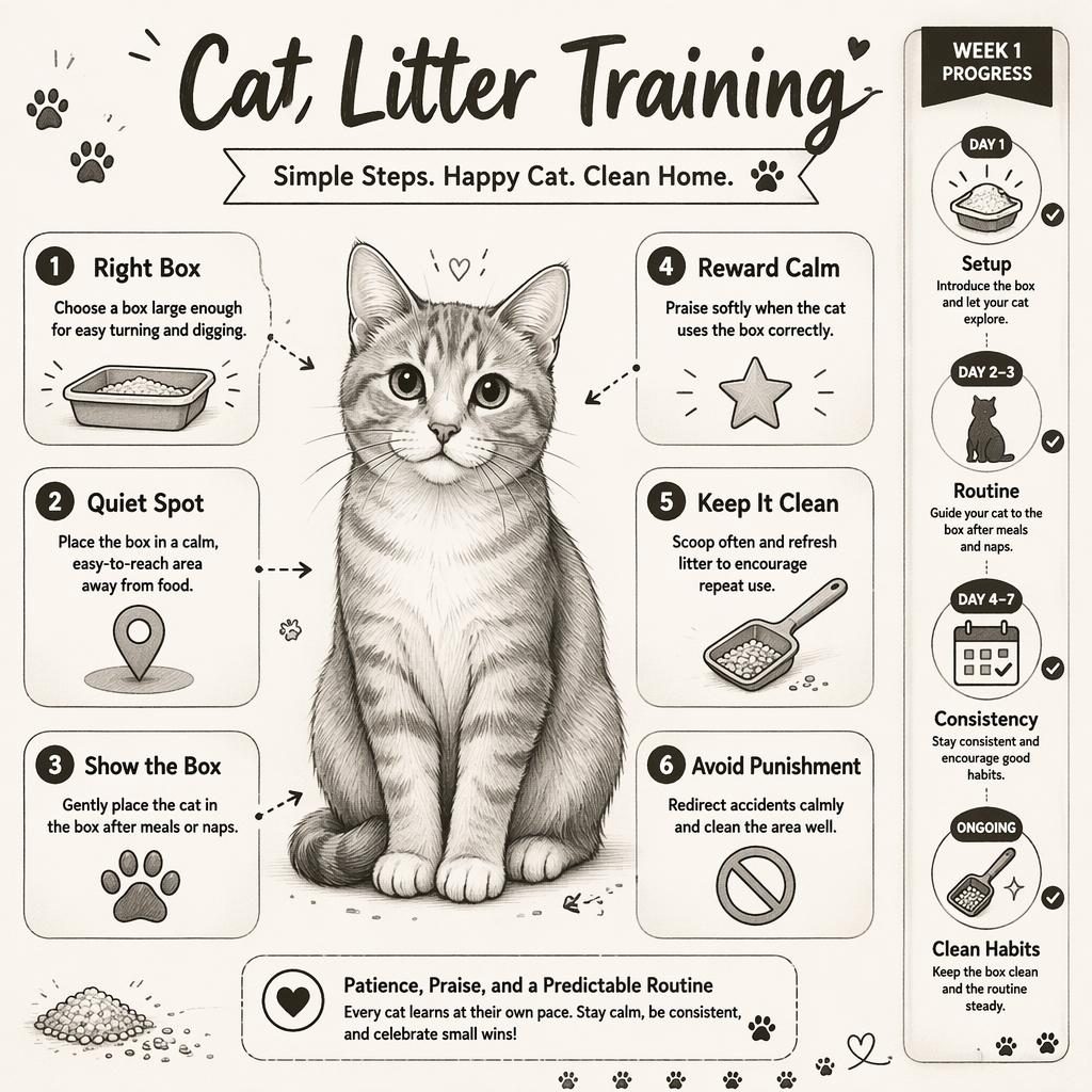 Monochrome sketchnote pet infographic of a cat with 6 litter training callouts and a week 1 timeline side strip.