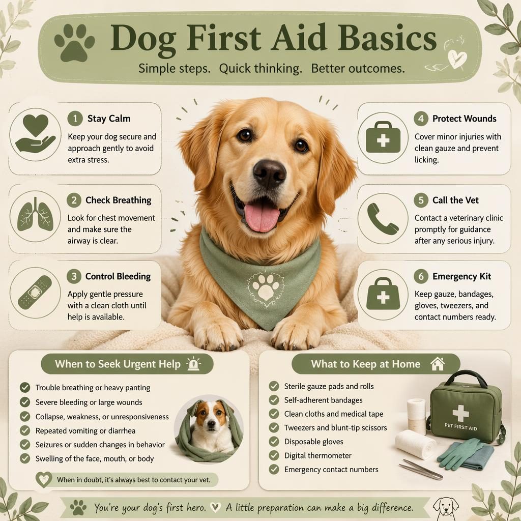 Editorial pet care infographic with a friendly dog portrait, 6 first aid callouts, and cozy sage and cream checklist panels.