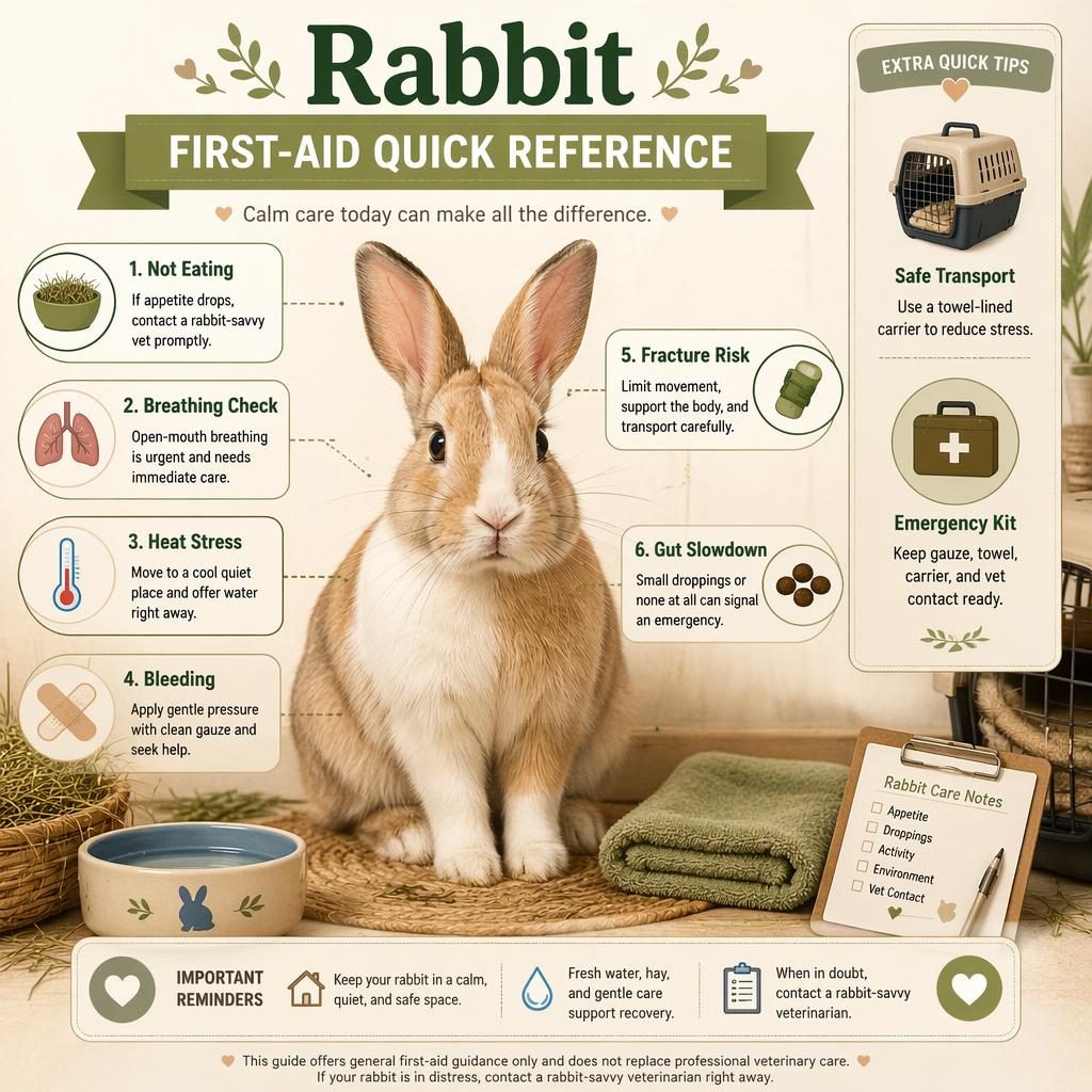 Editorial rabbit first-aid infographic with centered rabbit, 6 emergency callouts, and side tips with icons.