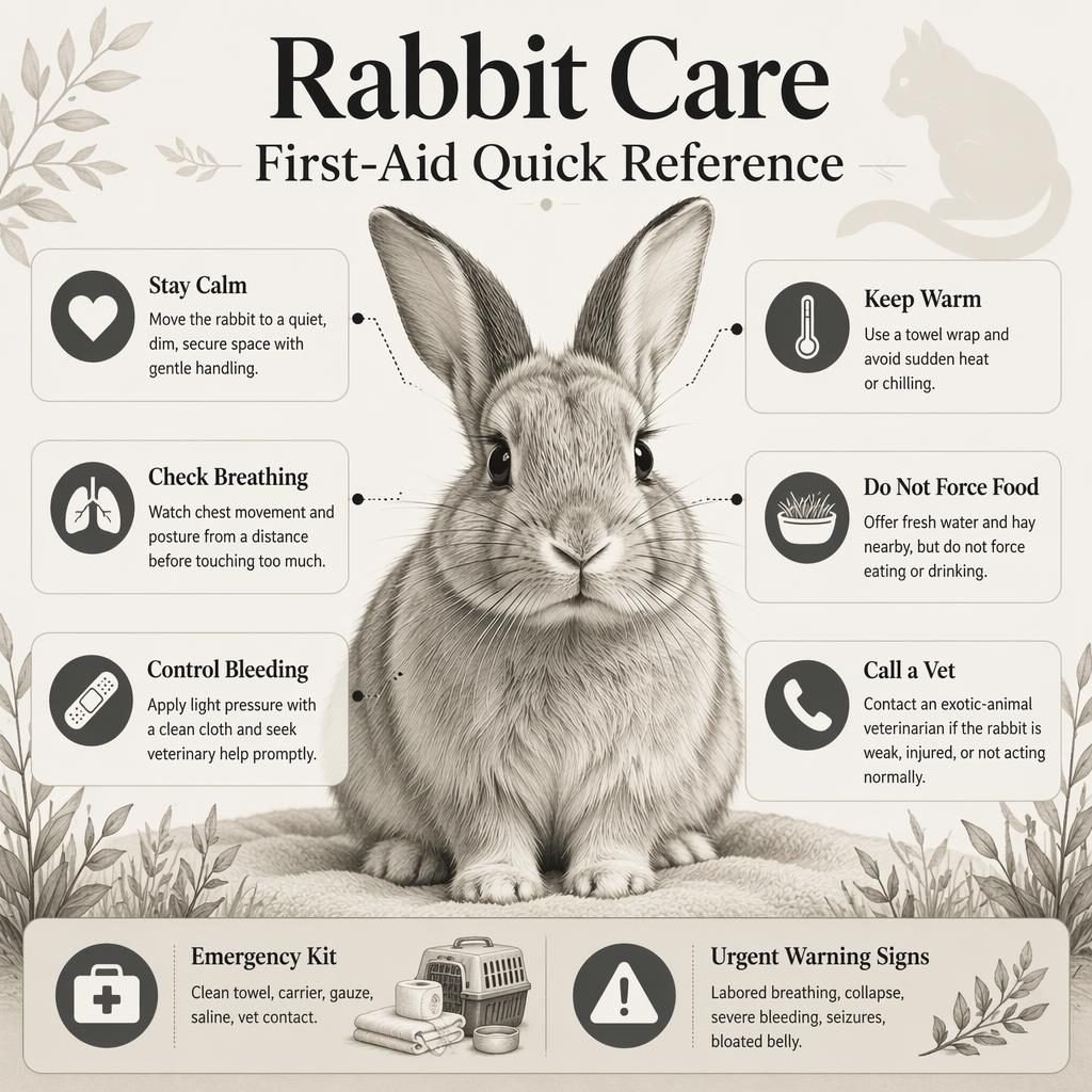 Monochrome rabbit first-aid infographic with 6 care callouts, 2 bottom panels, and a subtle cat tail curled around body motif.