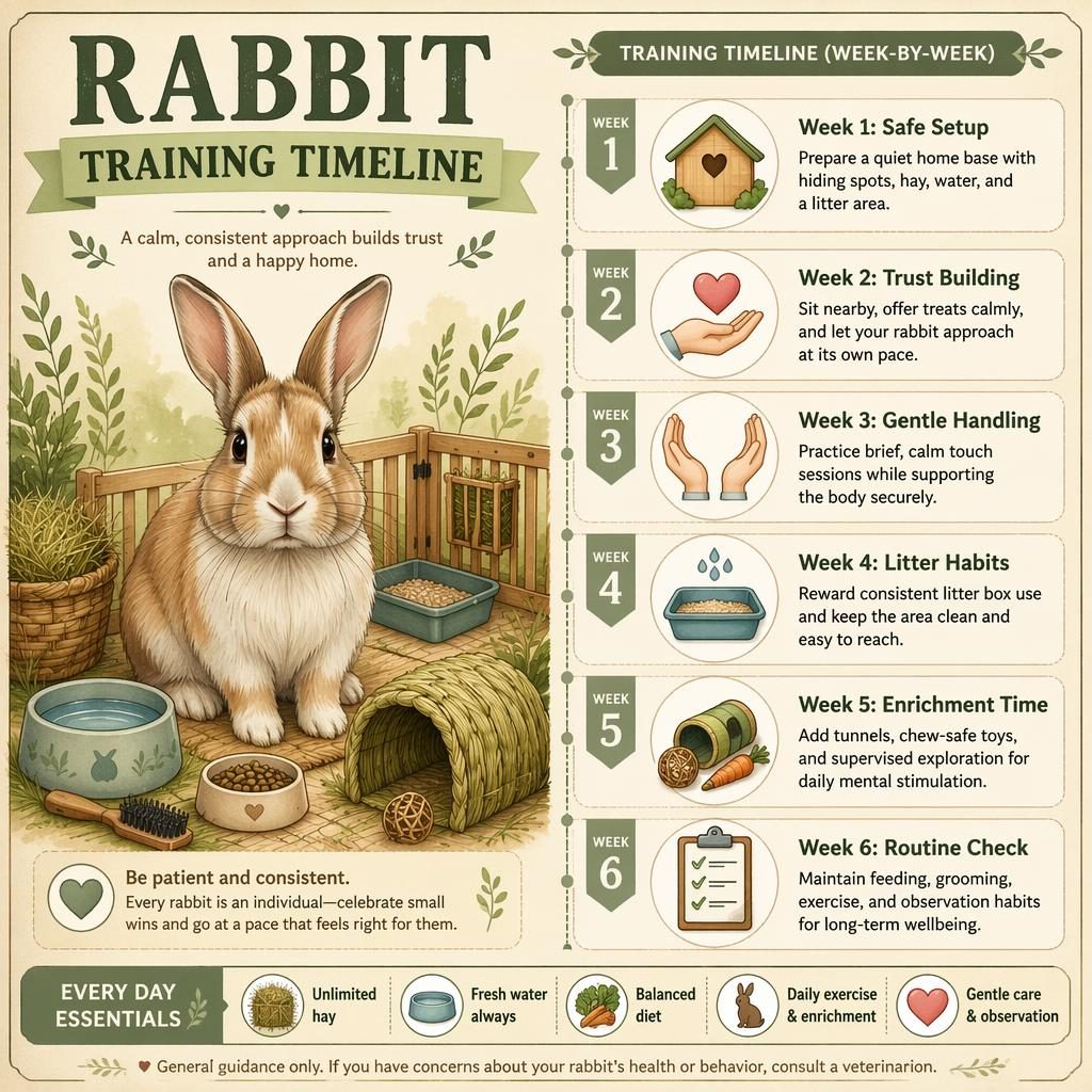 Vintage-style pet care infographic with a rabbit portrait and a 6-week training timeline, icons, hay, water bowl, tunnel, brush.
