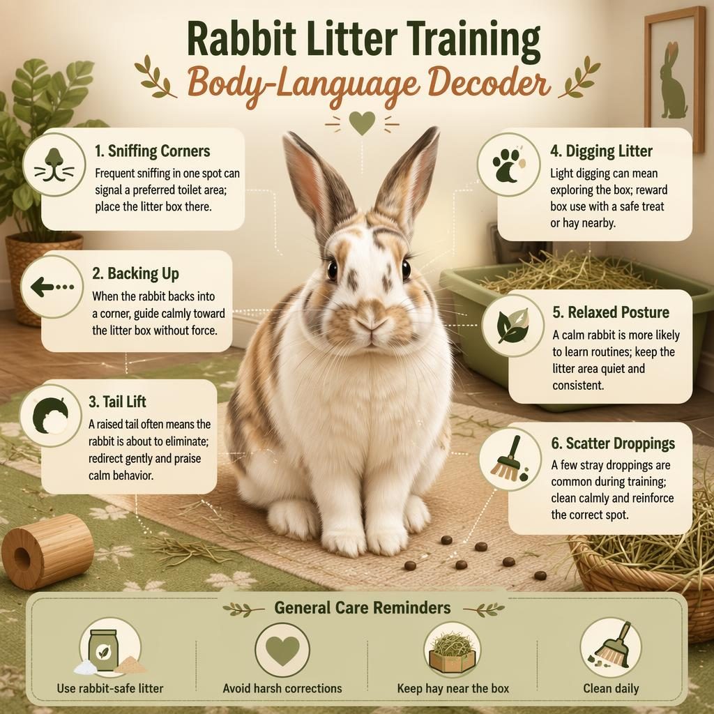 Pet care infografika s králíkem uprostřed, 6 popisky o nácviku toalety, ikonami a jemnou teplou paletou.