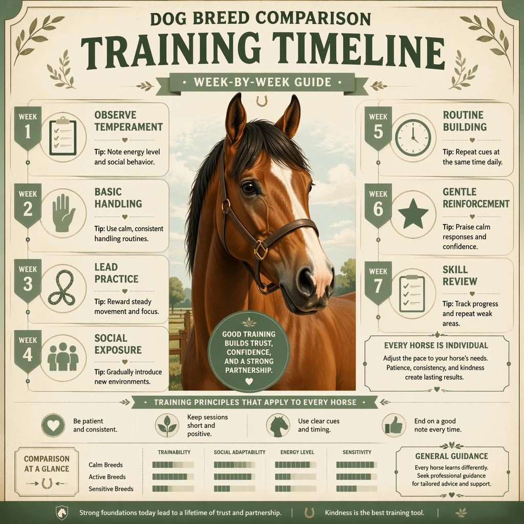 Vintage-style pet care infographic with a centered horse portrait and week-by-week training timeline panels in sage and cream.