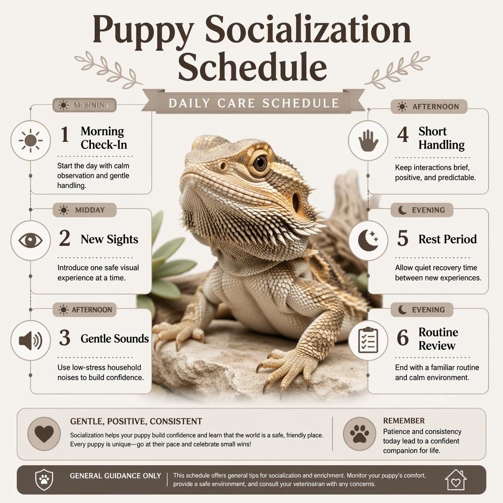 Monochrome pet care infographic with a centered reptile portrait and six daily schedule callouts with English labels and icons.