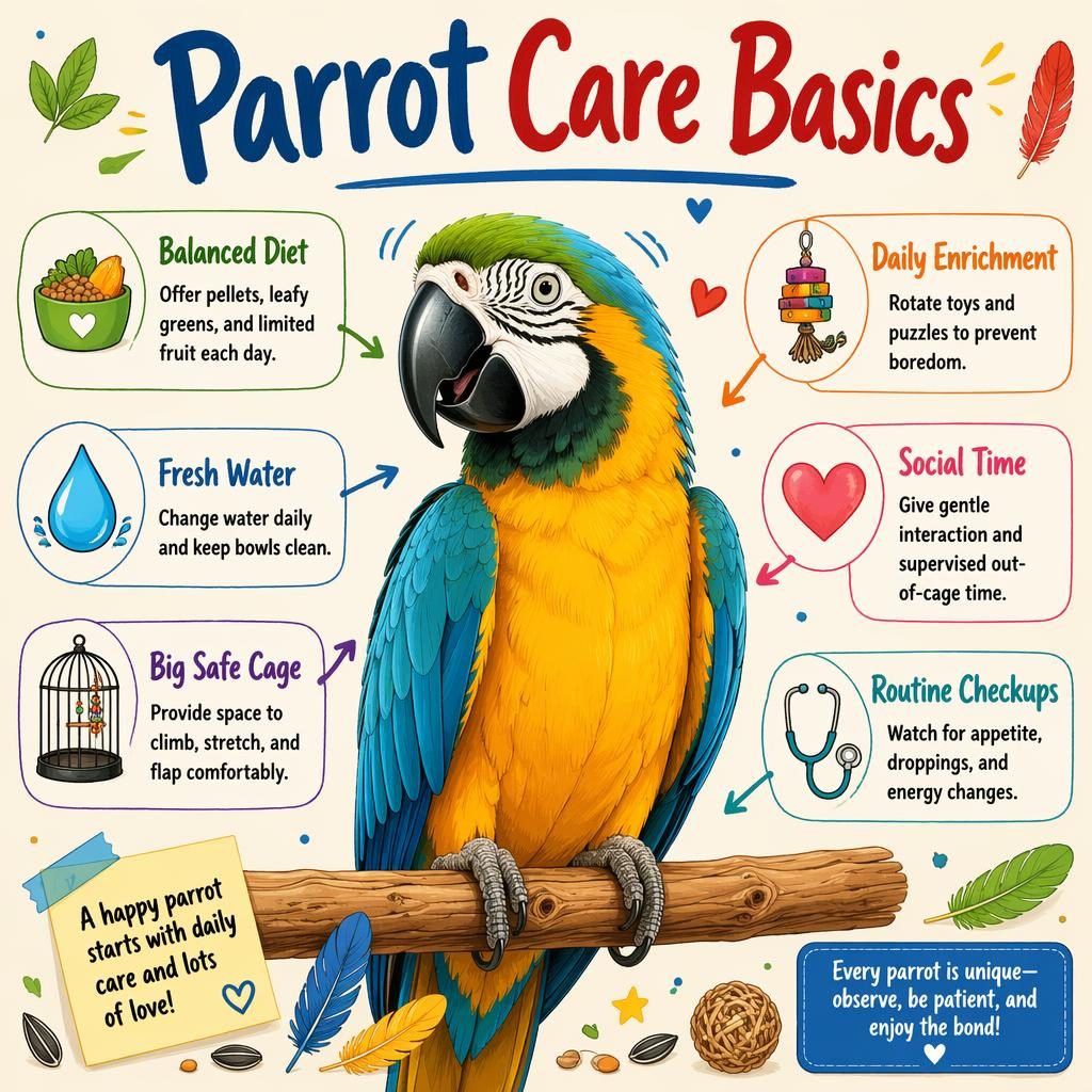 Parrot care infographic with a centered friendly parrot and 6 labeled care callouts, icons, feathers, perches, and notes.