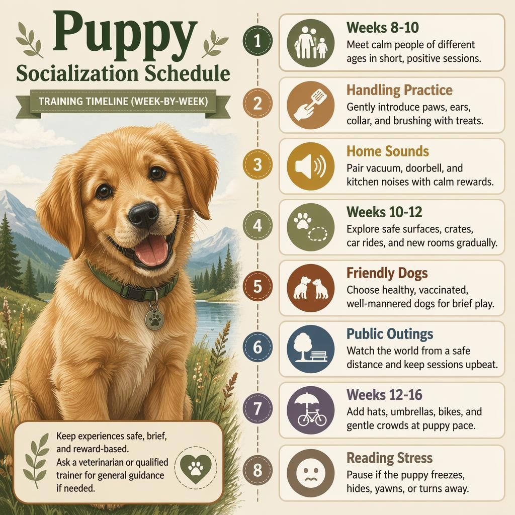 Editorial pet care infographic with a friendly puppy portrait and 8 timeline callouts on socialization tips in muted earth tones.