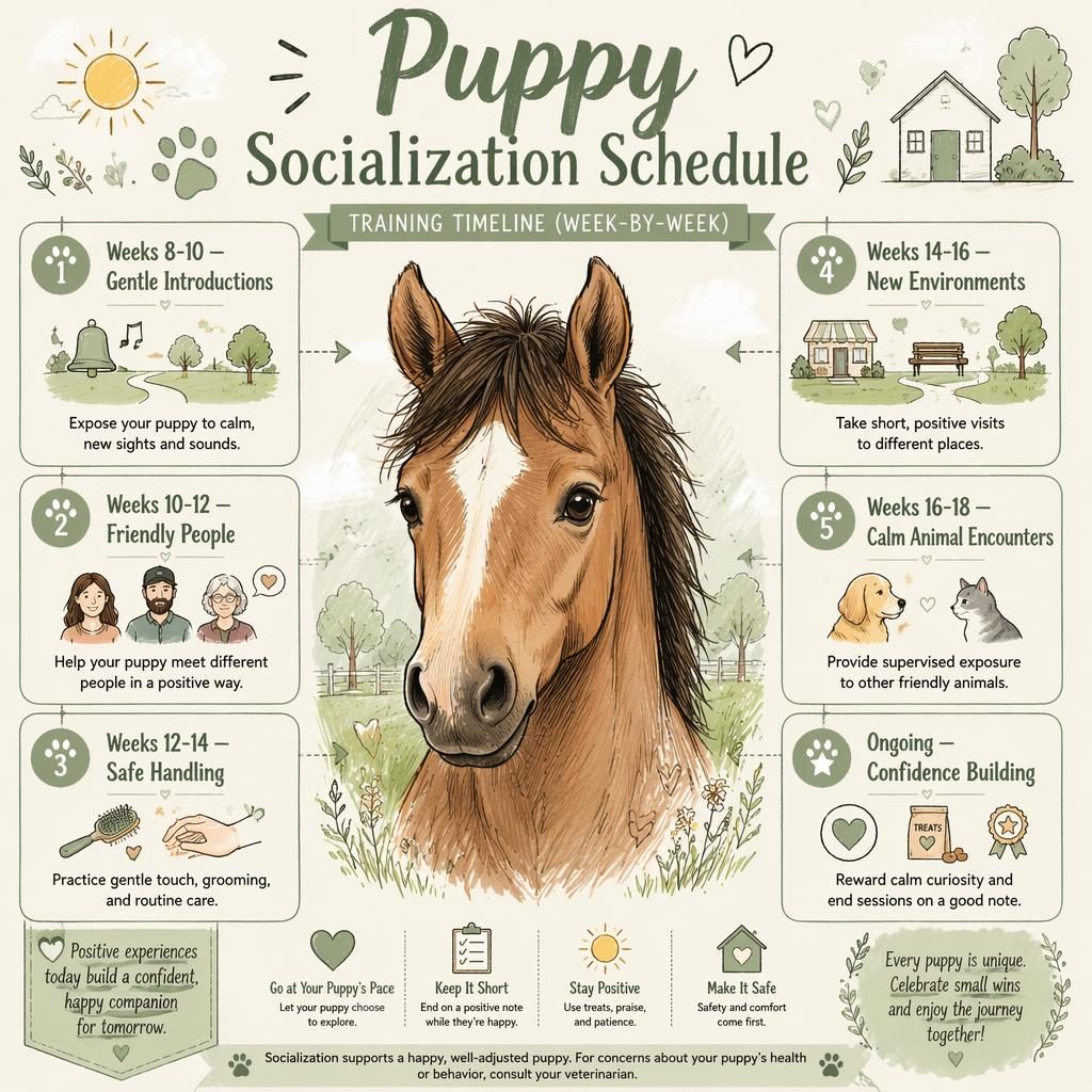 Pet care infographic with a young horse portrait and 6 week-by-week socialization callouts in sage and cream.