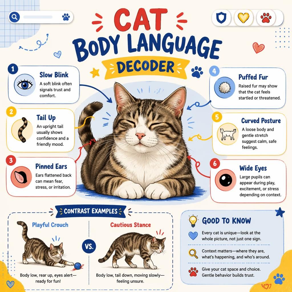Pet care infographic with a relaxed cat, 6 labeled body language callouts, mini poses, arrows, and playful sketchnote icons.