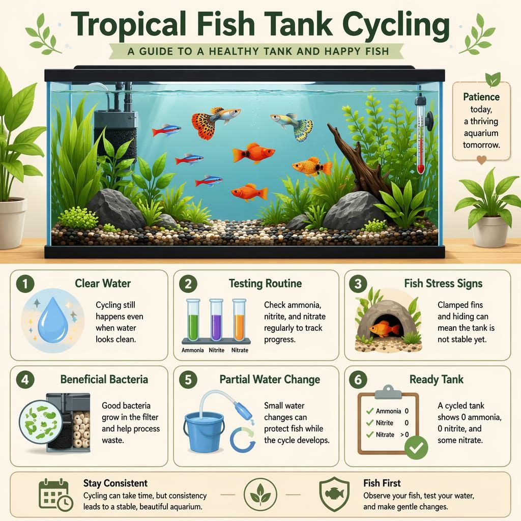 Pet care infographic of a planted tropical aquarium with community fish and 6 English callouts about tank cycling.