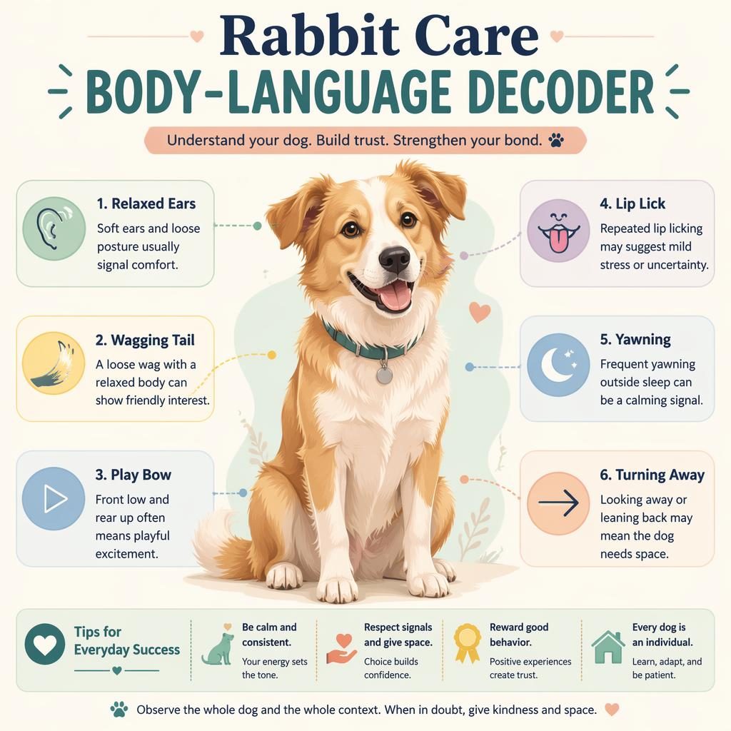 Editorial pet infographic with a friendly dog portrait and 6 body language callouts in a soft pastel flat design layout.