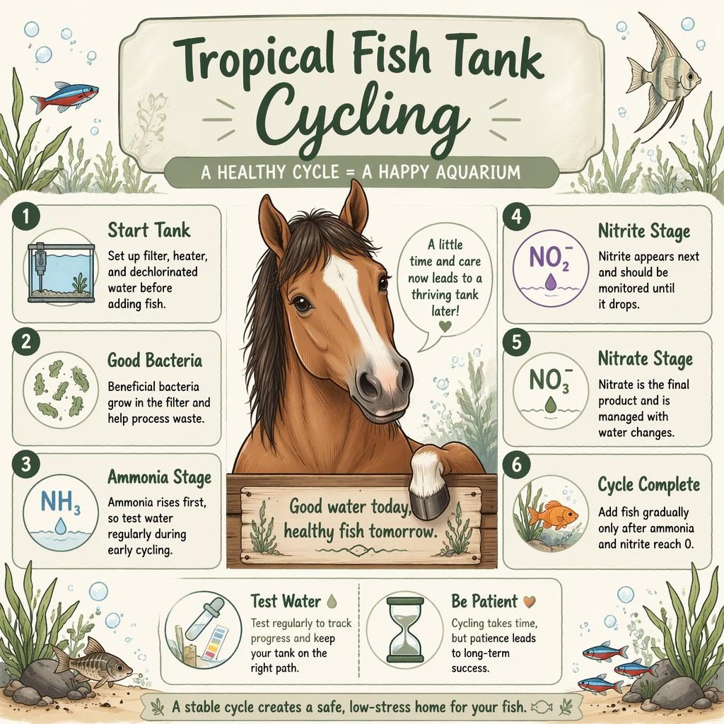 Pet care infographic in sage and cream with a friendly horse portrait and aquarium cycle callouts in editorial sketchnote style.