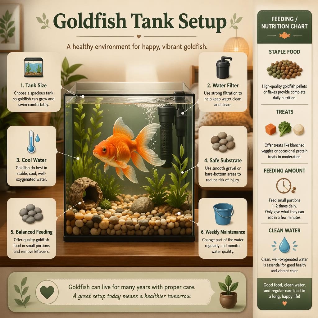 Editorial infographic of a goldfish in a home aquarium with 6 labeled care callouts and a compact nutrition-style sidebar.