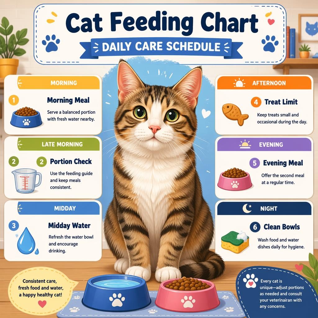 Editorial pet care infographic showing a healthy centered cat with 6 daily feeding schedule callouts, icons, and English tips.