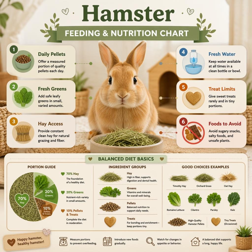 Editorial pet nutrition infographic with a centered cute rabbit, 6 food callouts, icons, and muted cozy earth tones.