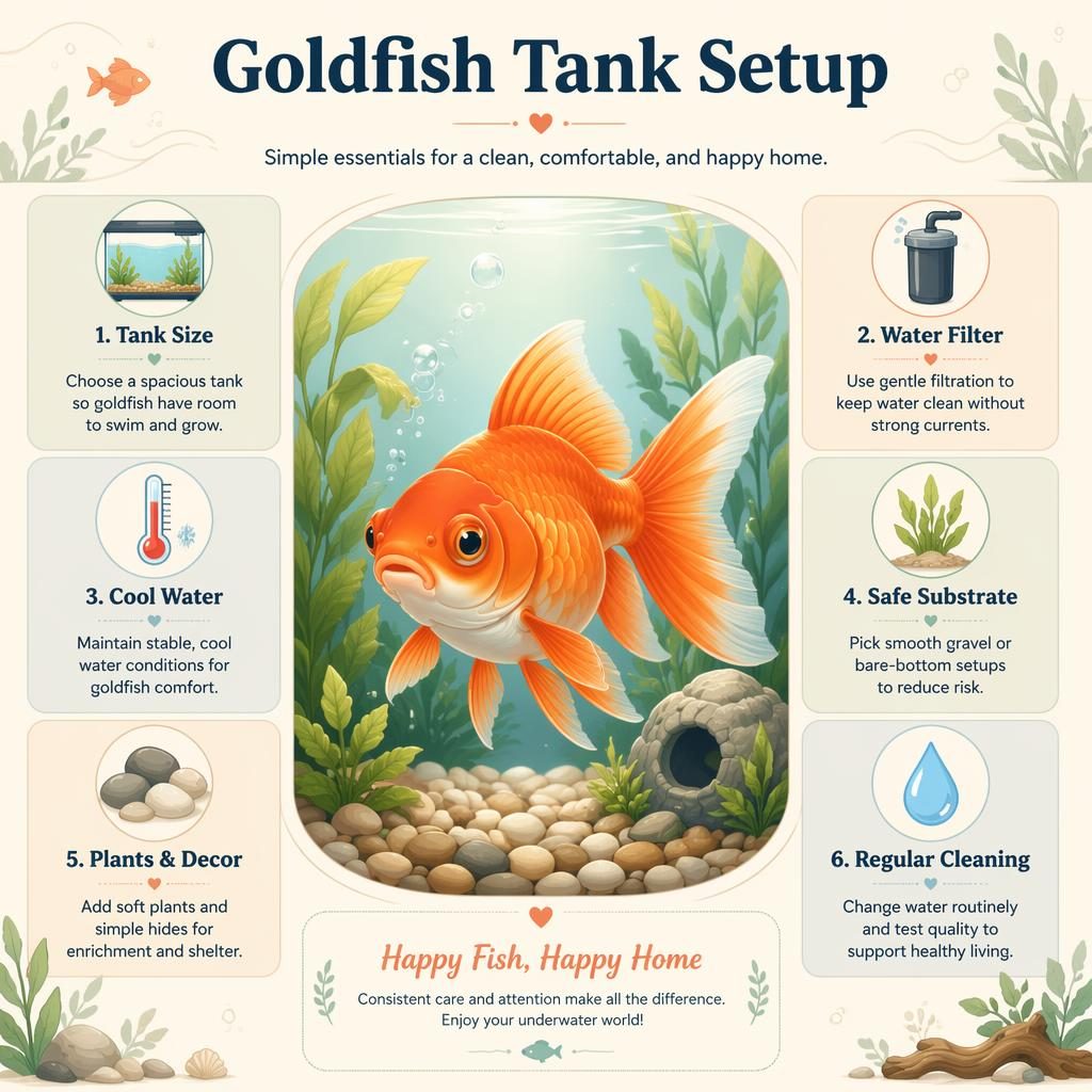 Pastel pet care infographic with a friendly horse portrait and 6 goldfish tank setup callouts with icons and soft panels.