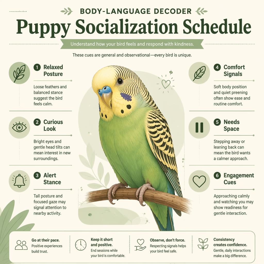 Flat sage and cream pet infographic with a friendly bird portrait and 6 English callouts about bird body language.