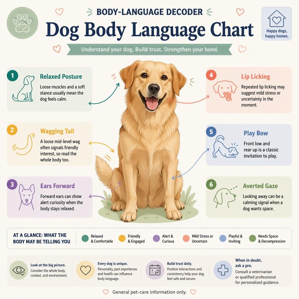 Pastel pet care infographic with a centered friendly dog and 6 labeled body-language callouts, icons, arrows, and panels.