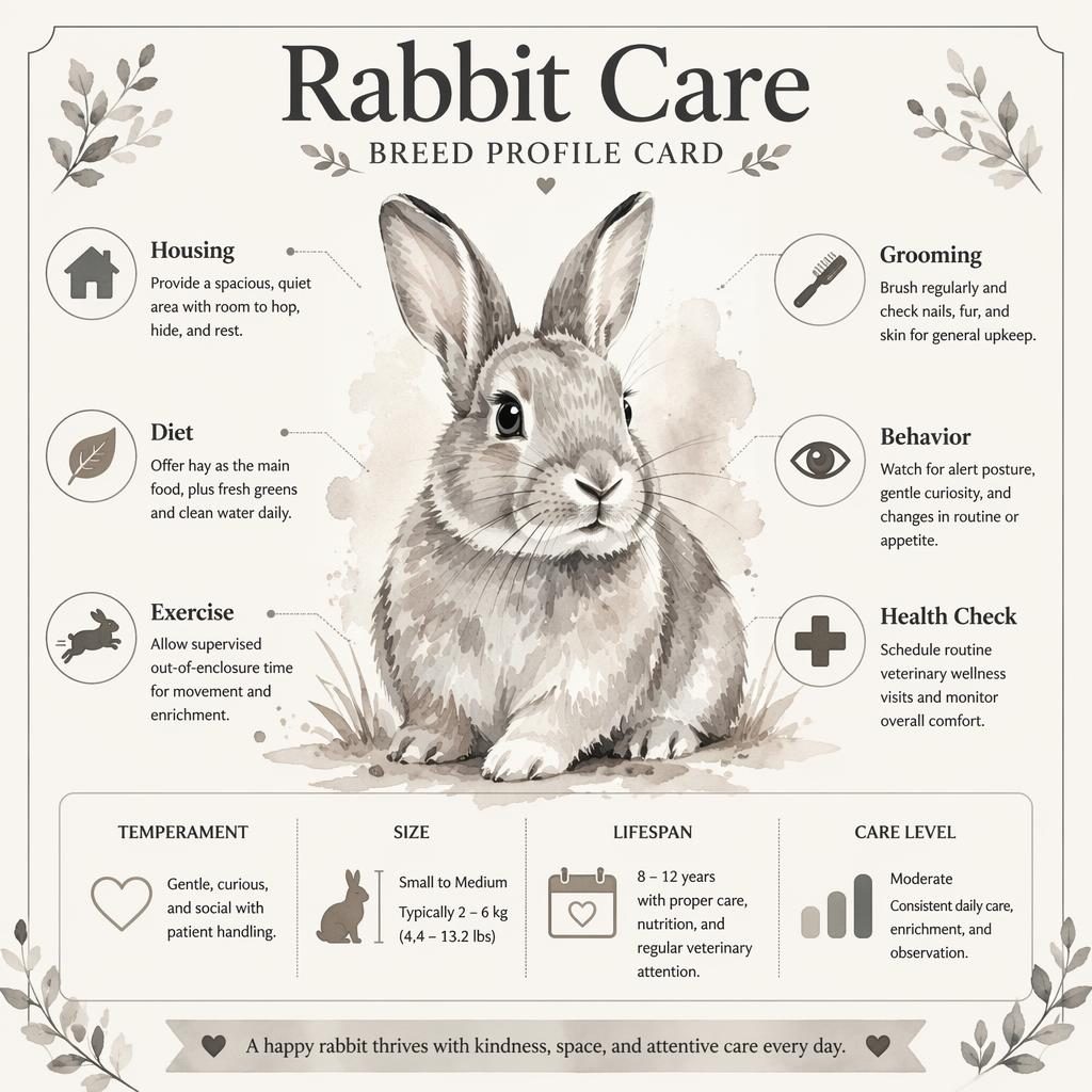 Editorial pet care infographic with a monochrome watercolor cat portrait and six care callouts in a clean profile card layout.