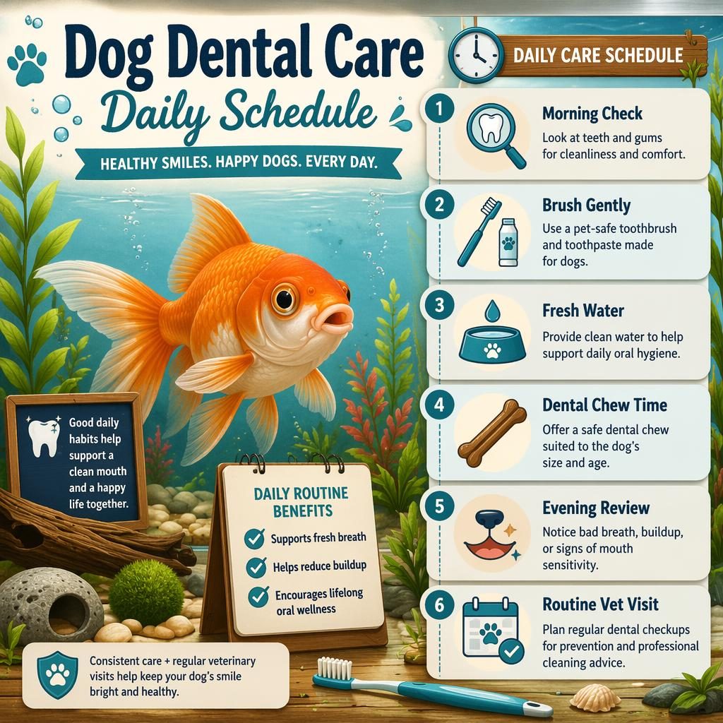 Dog dental care daily schedule infographic with a healthy fish in a planted aquarium, 6 care callouts, and pet icons.