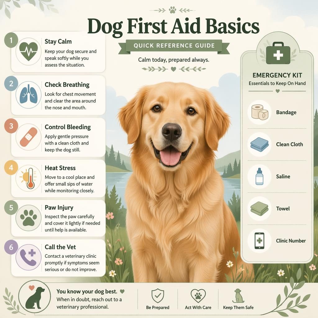 Pastel pet care infographic with a calm dog portrait, 6 first aid callouts, and a small emergency kit sidebar.
