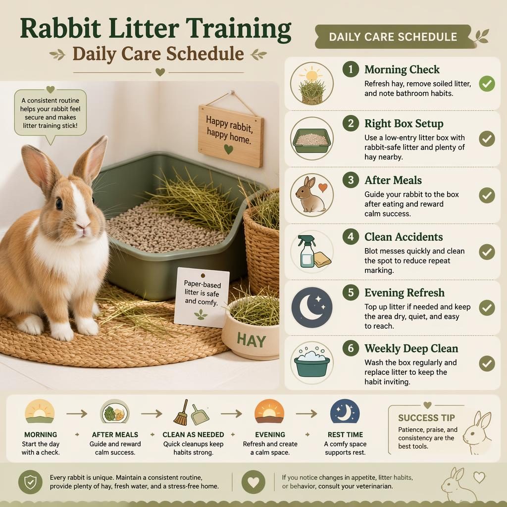 Editorial pet care infographic showing a cute rabbit by a tidy litter box setup with 6 daily care callouts and icons.