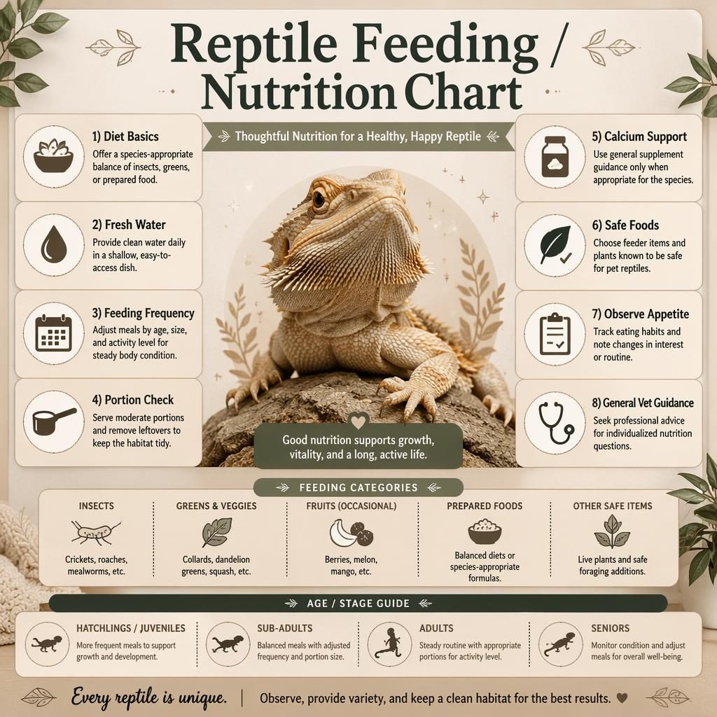 Monochrome editorial infographic of a healthy pet reptile with 8 feeding and nutrition callouts and chart-style labels.