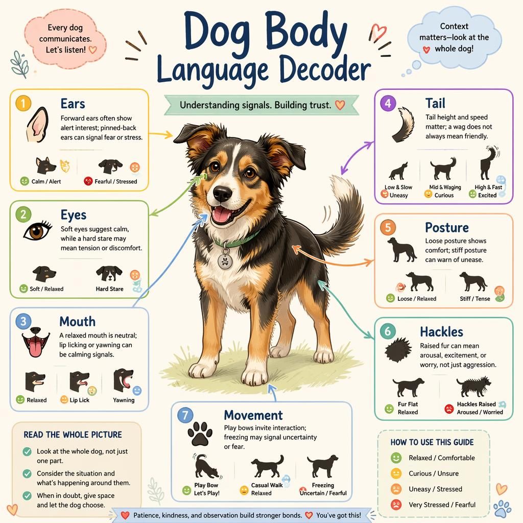 Pastel sketchnote dog body language infographic with a central dog portrait and 7 labeled behavior callouts.