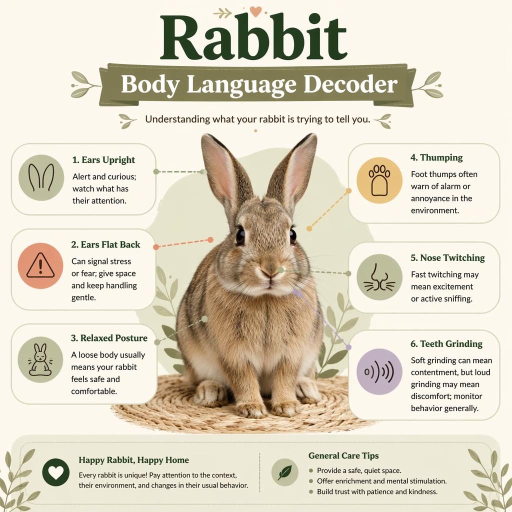 Minimal flat pet care infographic with a centered rabbit portrait and six body language callouts in a muted earth palette.