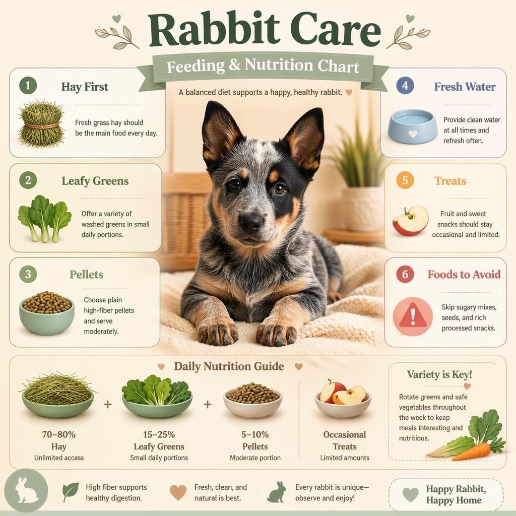 Pastel pet care infographic with a centered Australian Cattle Dog puppy and six rabbit feeding callouts with icons.