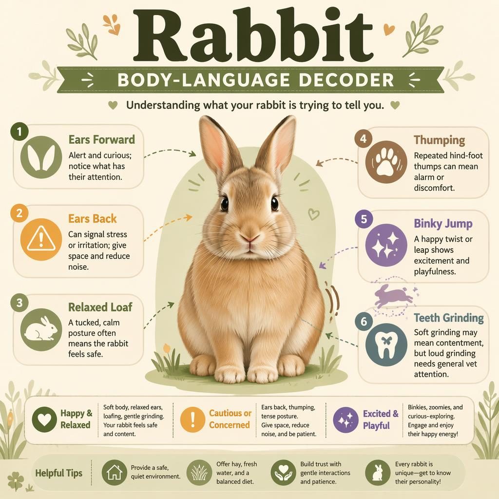 Pet care infographic with a centered rabbit portrait and 6 labeled body language callouts in a muted flat design.