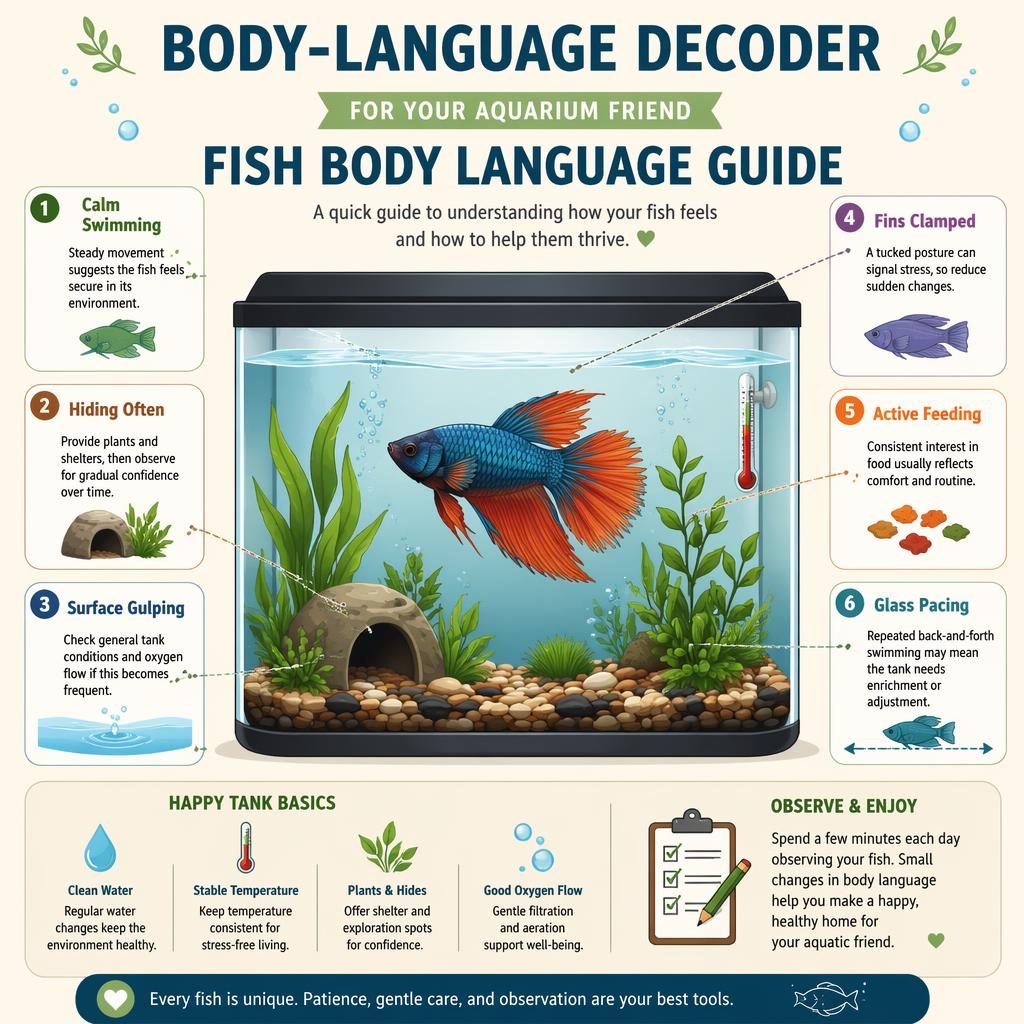 Minimal flat pet care infographic showing a fish in a planted aquarium with 6 labeled behavior callouts and small icons.