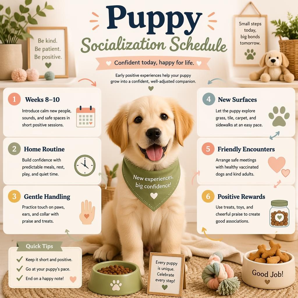Pet care infographic with a friendly horse portrait and 6 puppy socialization chart panels in a pastel editorial layout.