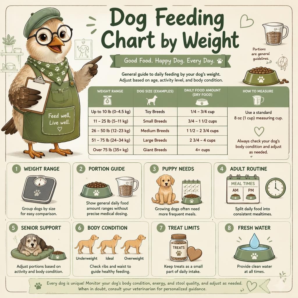 Pet care infographic with a bird mascot, dog feeding by weight chart, icons, arrows, and sage cream editorial layout.