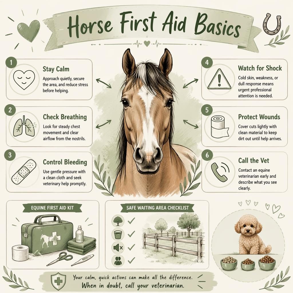 Sketchnote-style horse first aid infographic with 6 emergency callouts, soft icons, mini-panels, and a tiny toy poodle food amount vignette.
