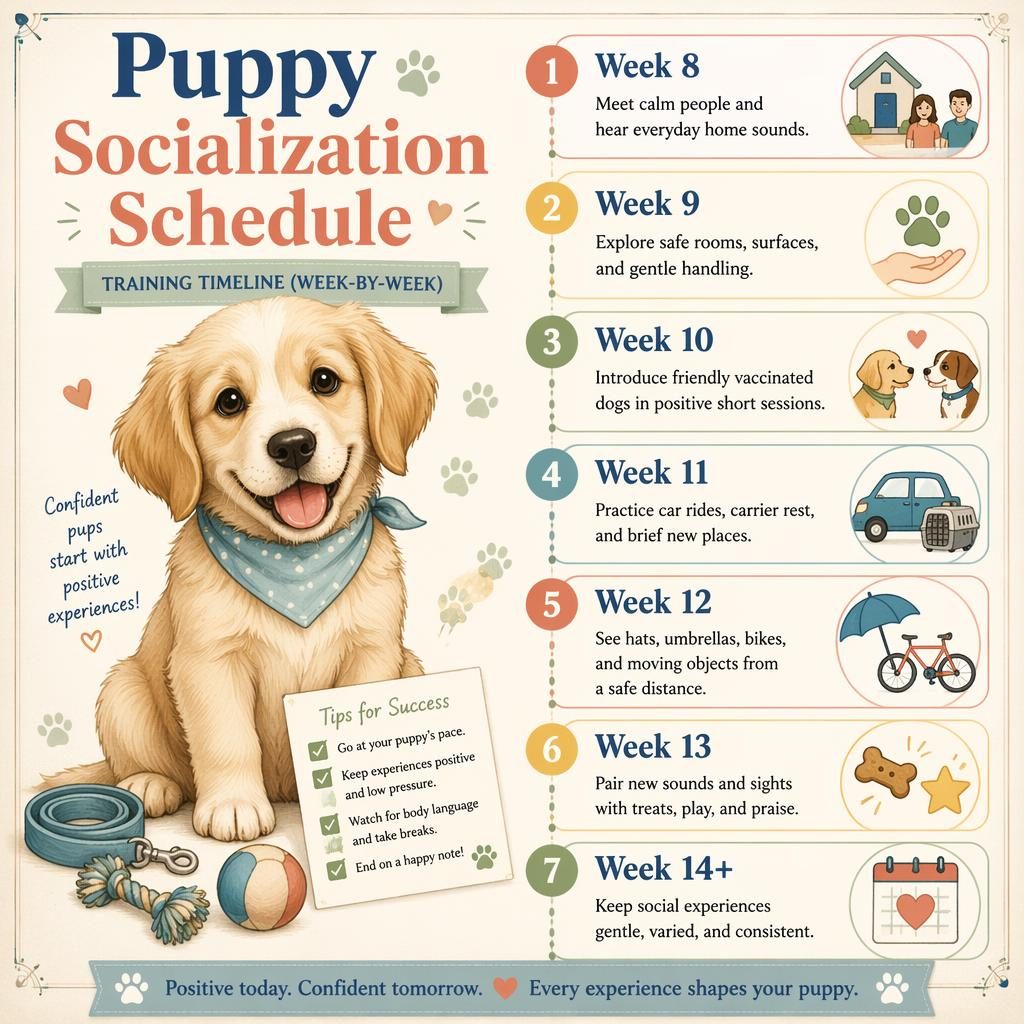 Pet care infographic with a friendly puppy portrait and a week-by-week socialization timeline from Week 8 to Week 14+.