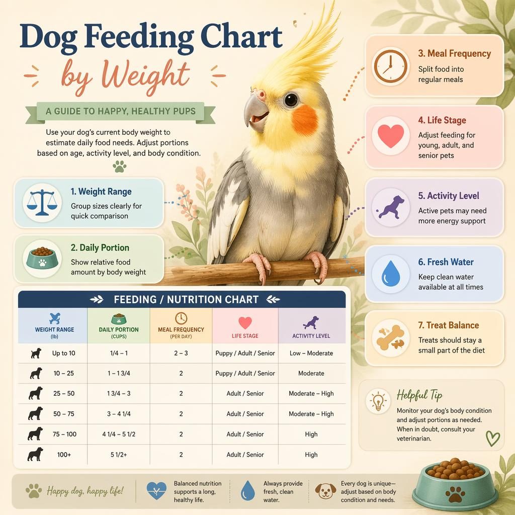 Pastelová infografika s portrétem mazlivého ptáčka a přehledem krmení psa podle hmotnosti s ikonami a panely.