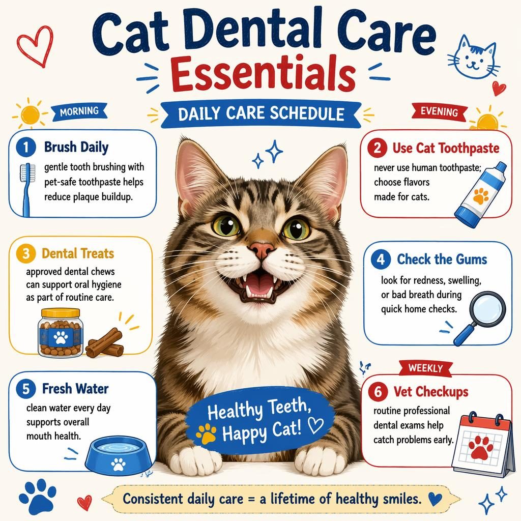 Sketchnote pet infographic with a smiling cat portrait, 6 dental care callouts, playful icons, and daily schedule markers.
