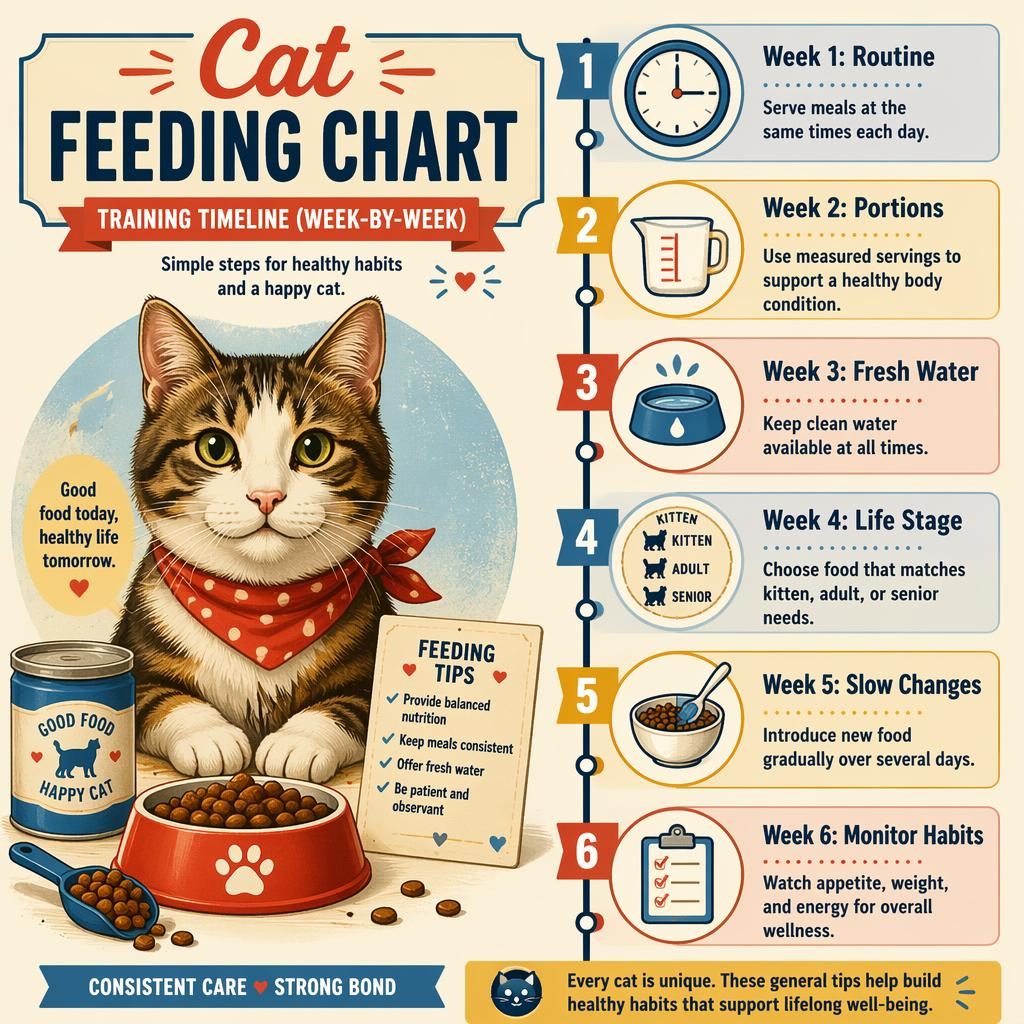 Pet care infographic showing a cat portrait and a 6-week feeding timeline with icons for routine, portions, water, life stage, slow changes, and habits.