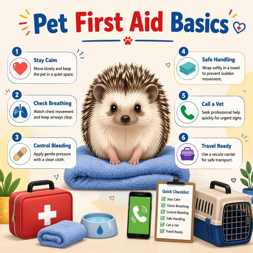 Minimal flat pet first aid infographic with a small exotic pet centered and 6 labeled safety callouts around it.