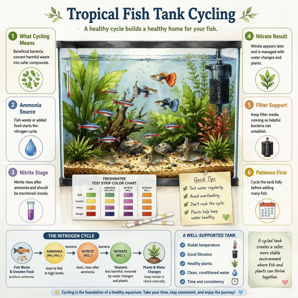 Watercolor infographic of a tropical fish tank cycling guide with 6 labeled callouts, friendly fish, plants, bubbles, filter, and test tools.