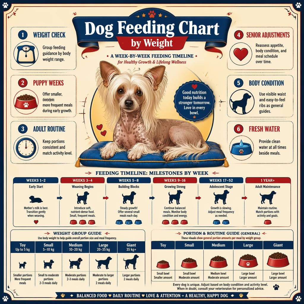 Vintage-style pet care infographic showing a Chinese Crested-inspired dog portrait and a feeding chart by weight timeline.