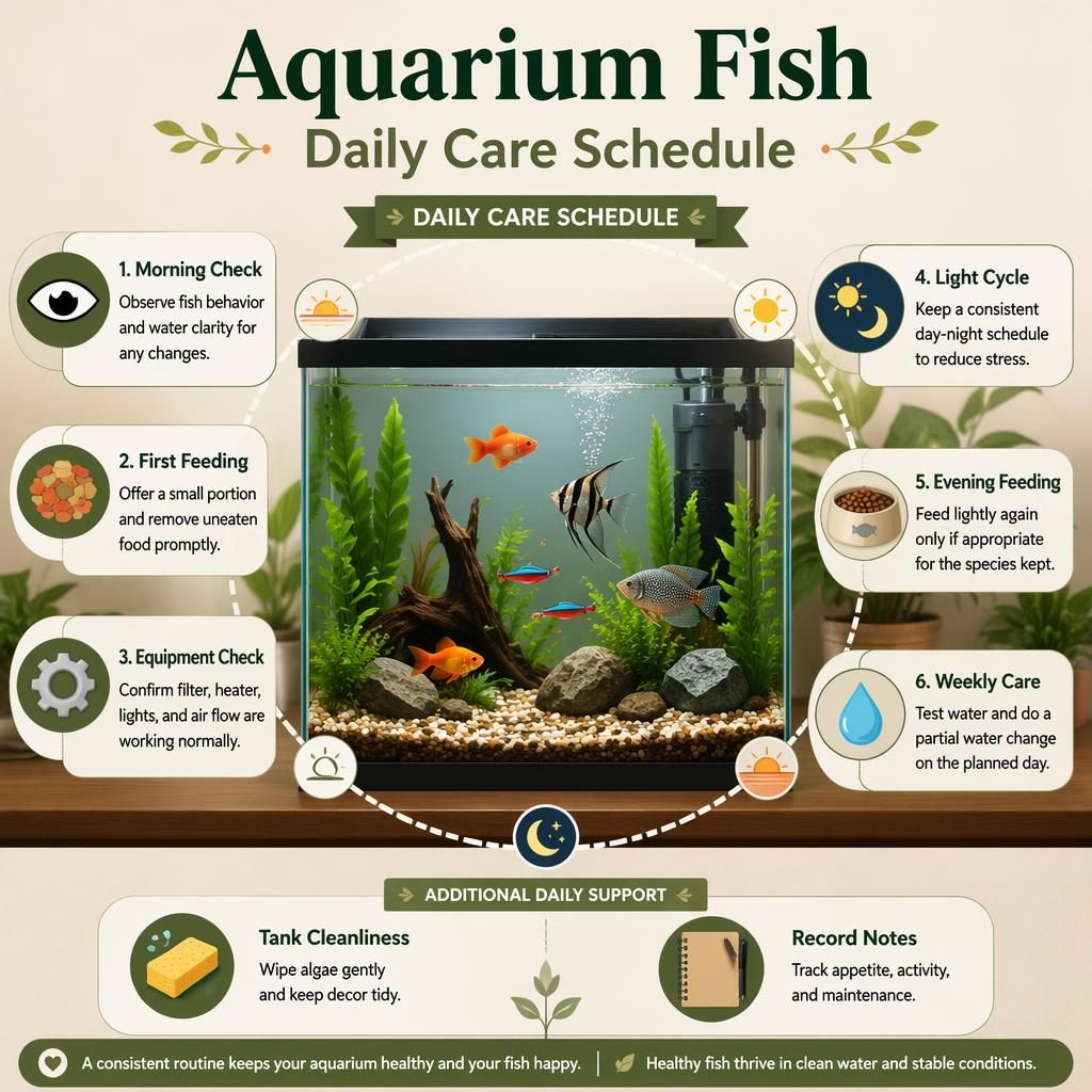 Editorial infographic of a home freshwater aquarium with fish, plants, gravel, filter, and 6 daily care callouts on a timeline.