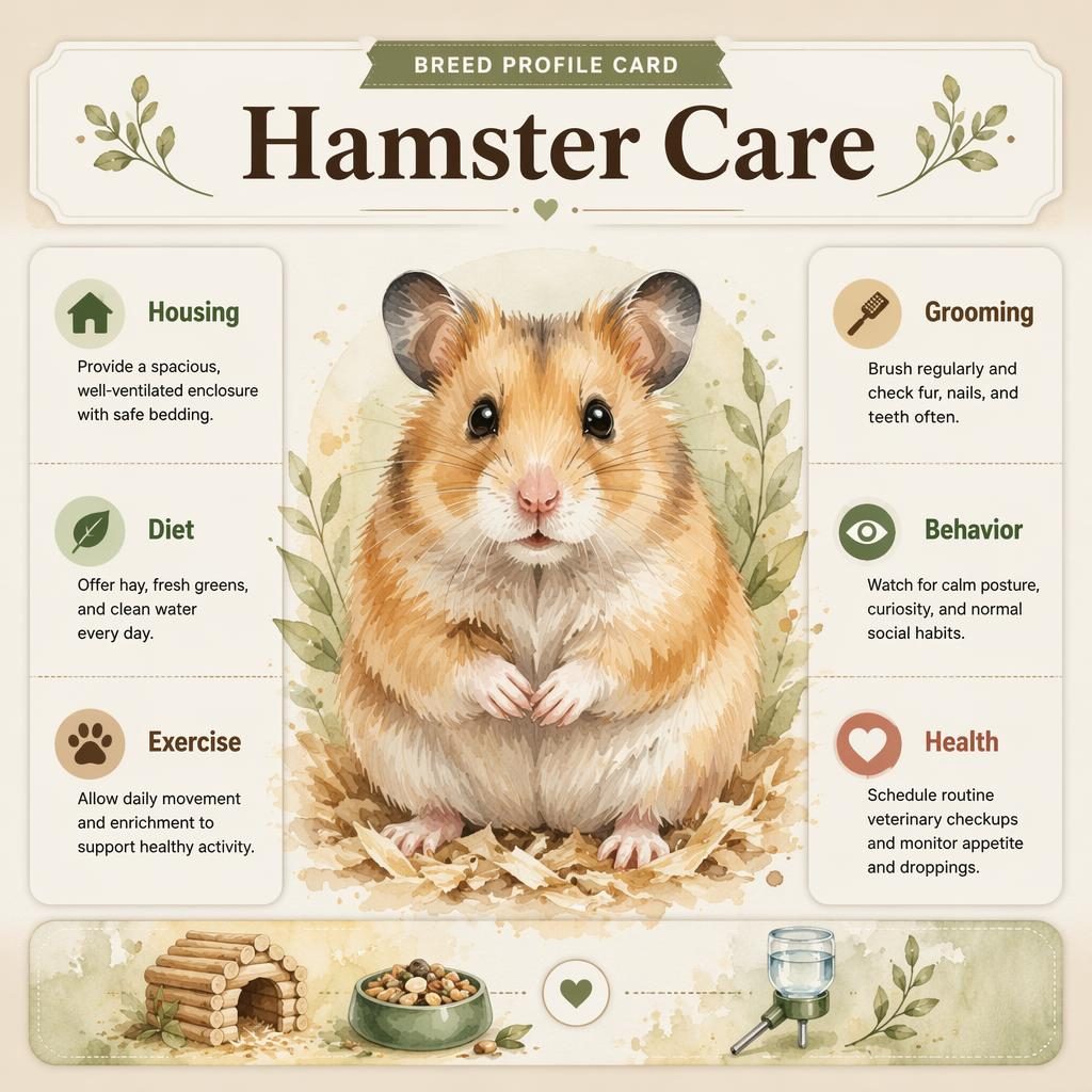 Editorial pet care infographic card with a centered watercolor rabbit portrait and six icon callouts in a muted earth palette.